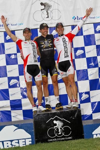 Today's stage winners with Alex Dowsett (Trek-Livestrong) first, Frank Pipp (Bissell) second and Andy Jacques-Maynes (Bissell) third.