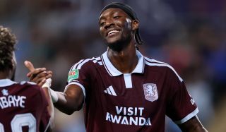 Tammy Abraham celebrates scoring Aston Villa’s third goal of the Carabao Cup Third Round match against Coventry City at The Coventry Building Society Arena on September 16, 2026 in Coventry, England