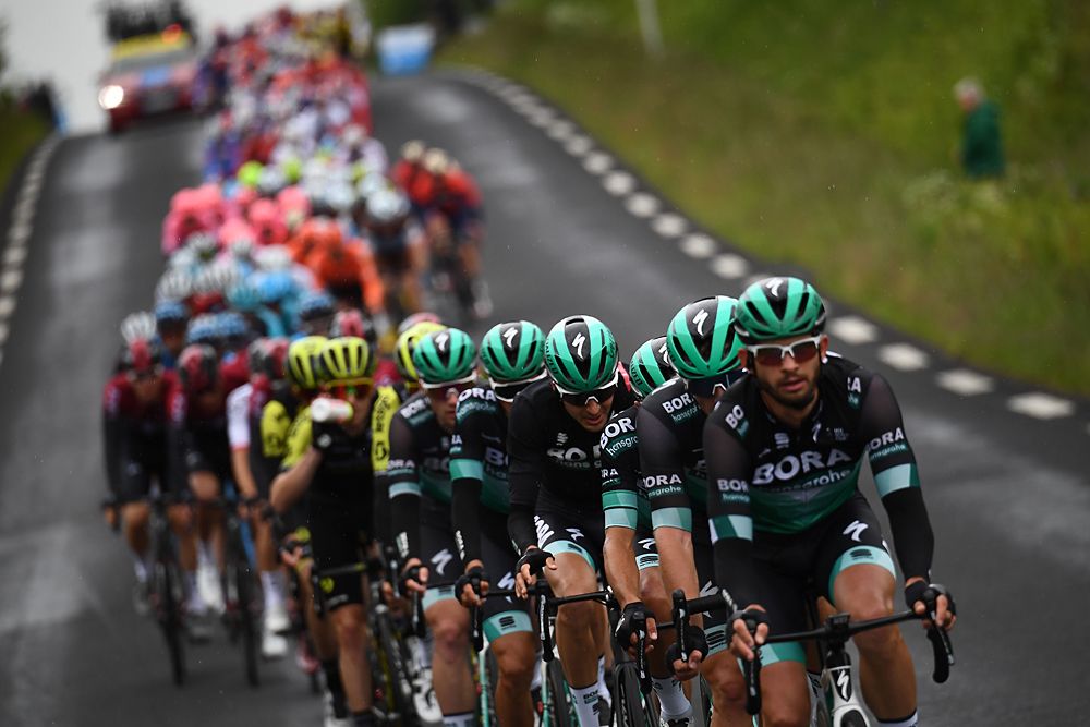 Bora-Hansgrohe lead the peloton during the opening stage at Criterium du Dauphine