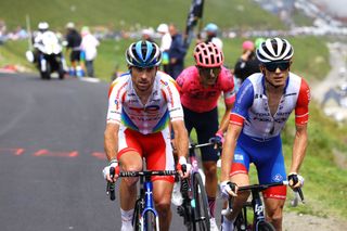 LUZ ARDIDEN FRANCE JULY 15 Ruben Guerreiro of Portugal and Team EF Education Nippo David Gaudu of France and Team Groupama FDJ Pierre Latour of France and Team TotalEnergies in the Breakaway during the 108th Tour de France 2021 Stage 18 a 1297km stage from Pau to Luz Ardiden 1715m LeTour TDF2021 on July 15 2021 in Luz Ardiden France Photo by Tim de WaeleGetty Images