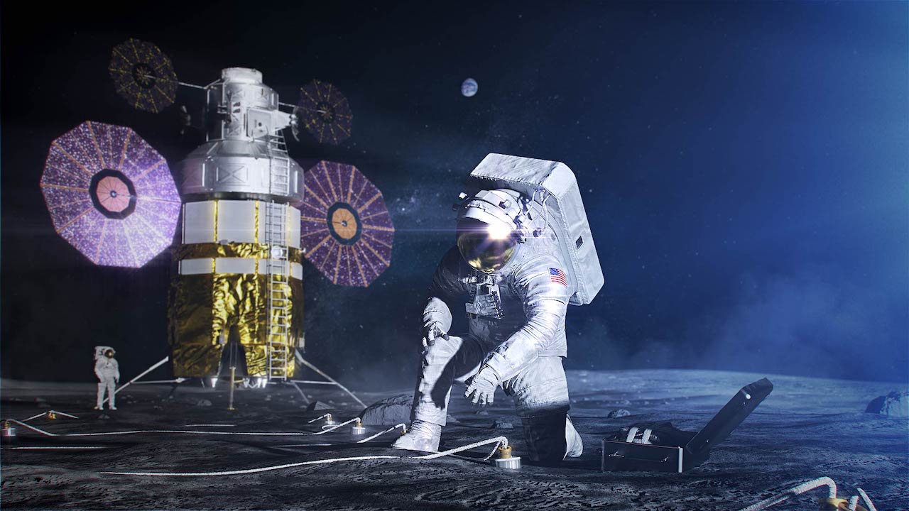 An artist's depiction of astronauts on the lunar surface.