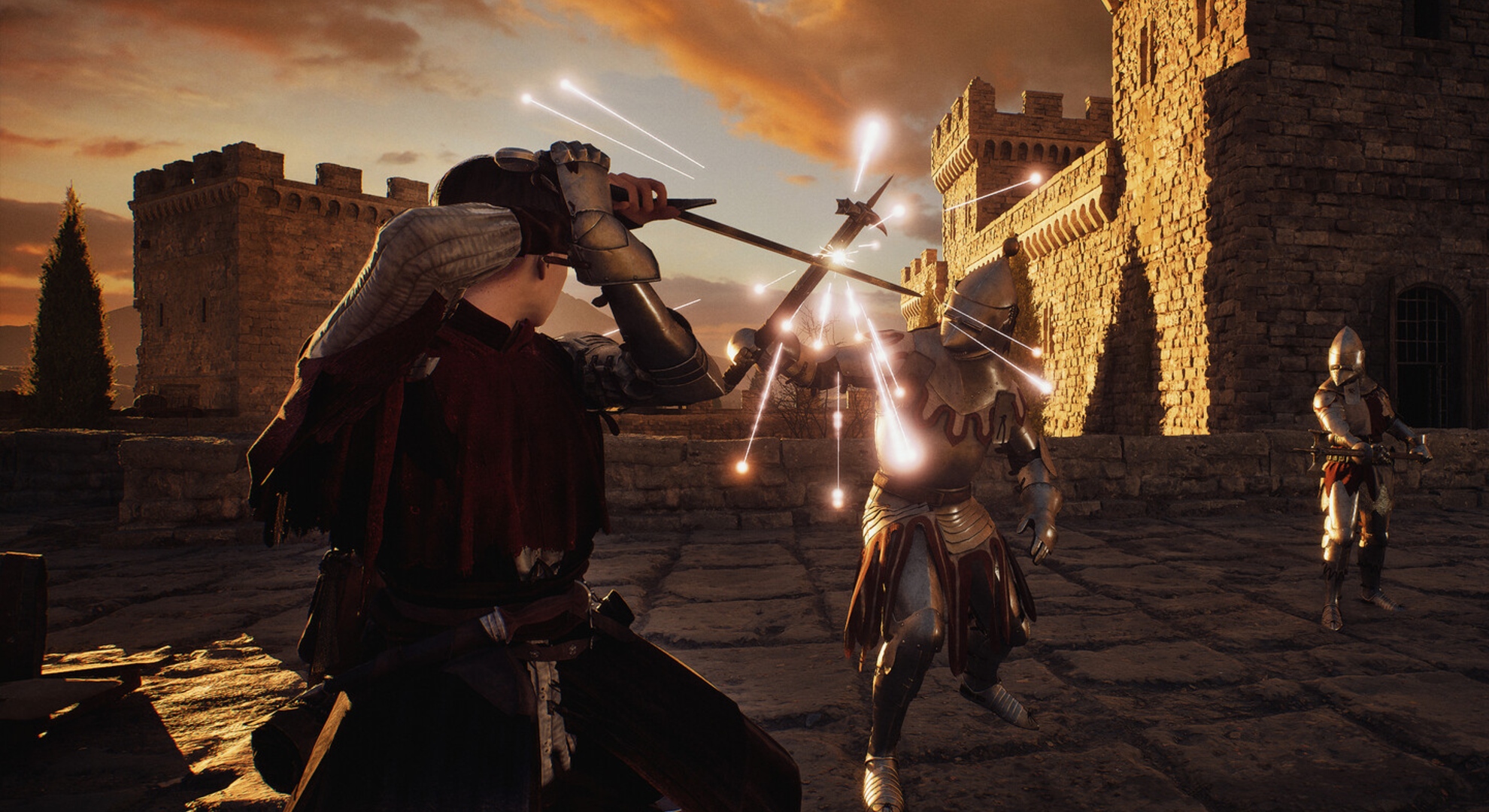 1348 Ex Voto gameplay showing the protagonist fighting two knights with swords