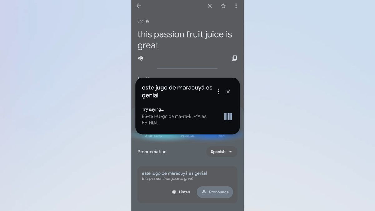 Users can practice their pronunciation of words with Google Translate, witnessing the phonetic transcription during attempts.
