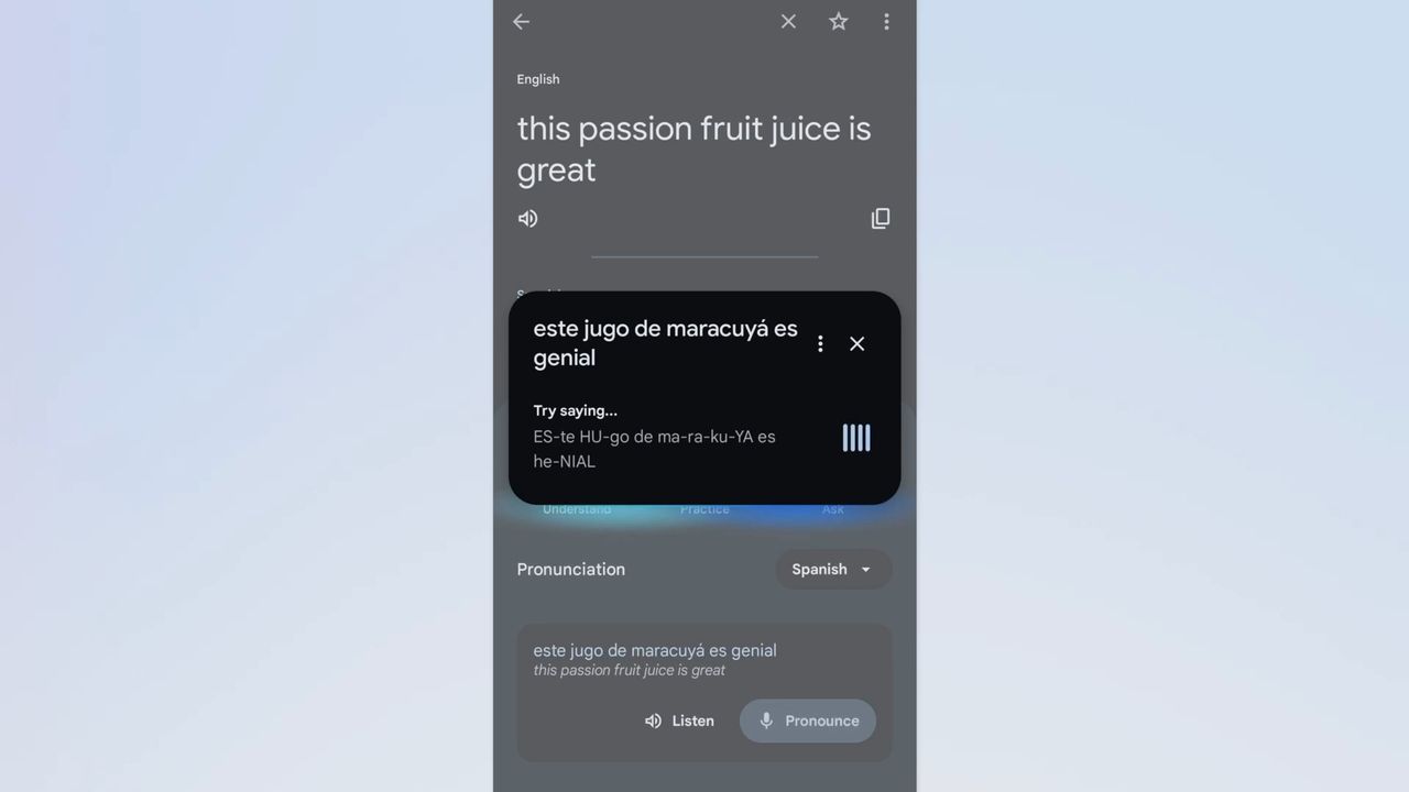 Users can practice their pronunciation of words with Google Translate, witnessing the phonetic transcription during attempts.