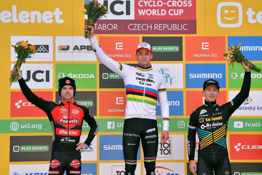 TABOR CZECH REPUBLIC NOVEMBER 16 Podium Eli Iserbyt of Belgium and Team Pauwel Sauzen Bingoal Mathieu Van Der Poel of The Netherlands and Team Corendon Circus Lars Van Der Haar of The Netherlands and Team Telenet Baloise Lions Celebration during the 23rd Tabor World Cup 2019 Men Elite UCICX TelenetUCICXWC on November 16 2019 in Tabor Czech Republic Photo by Luc ClaessenGetty Images