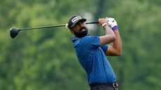 Sahith Theegala hits driver during the Memorial Tournament in 2025