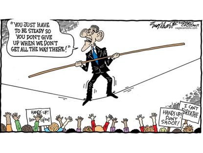 Obama cartoon race relations tightrope