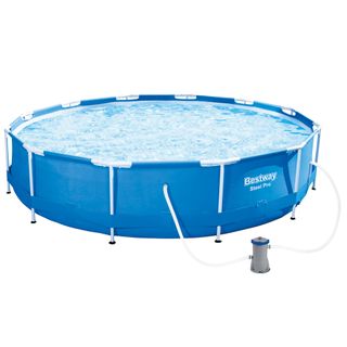 blue swimming pool with filter pump