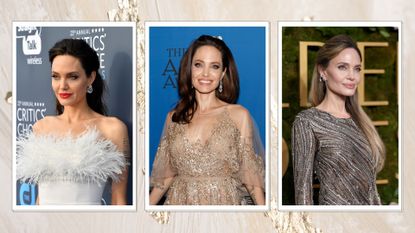three images of Angelina Jolie dressed up at events