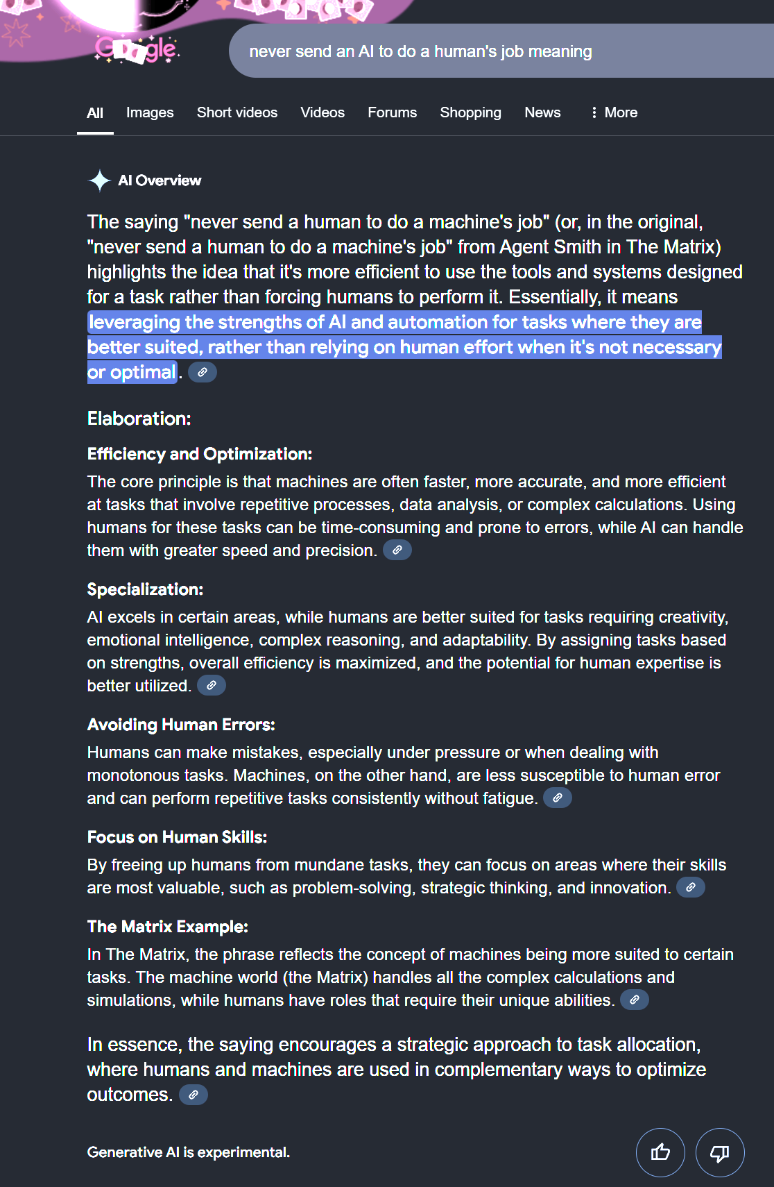 Google's AI overview responding to a request to explain the meaning behind the phrase 'never send an AI to do a human's job' by citing Agent Smith from the Matrix movies.