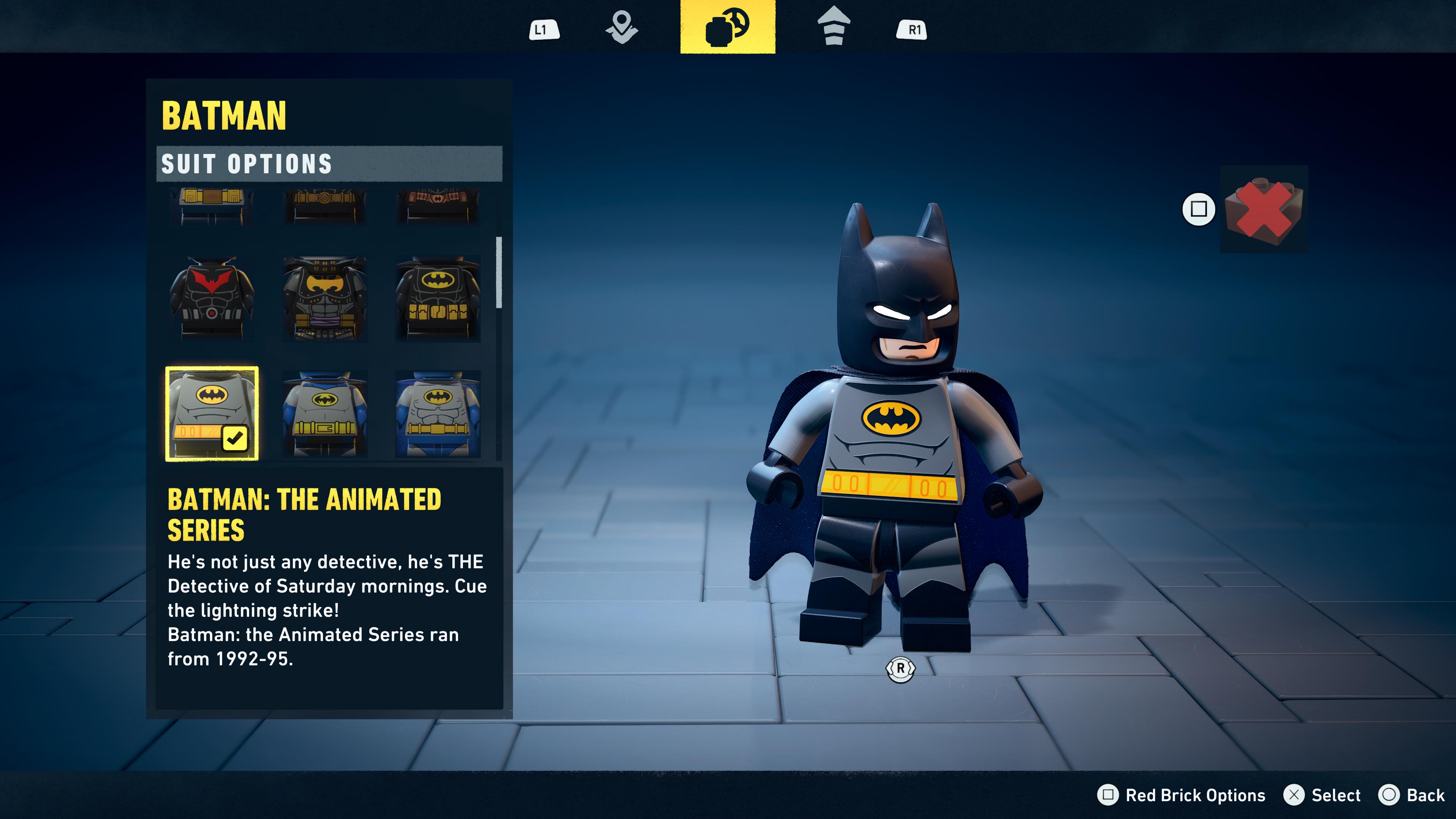 A player chooses suits in Lego Batman Legacy of the Dark Knight