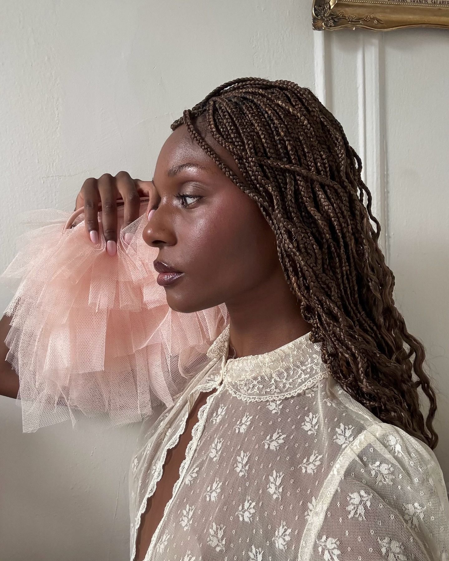 Fashion person Camri Hewie hold a tulle bag and sheer lace detailed top. She is looking away from the camera in a recent image from her Instagram.