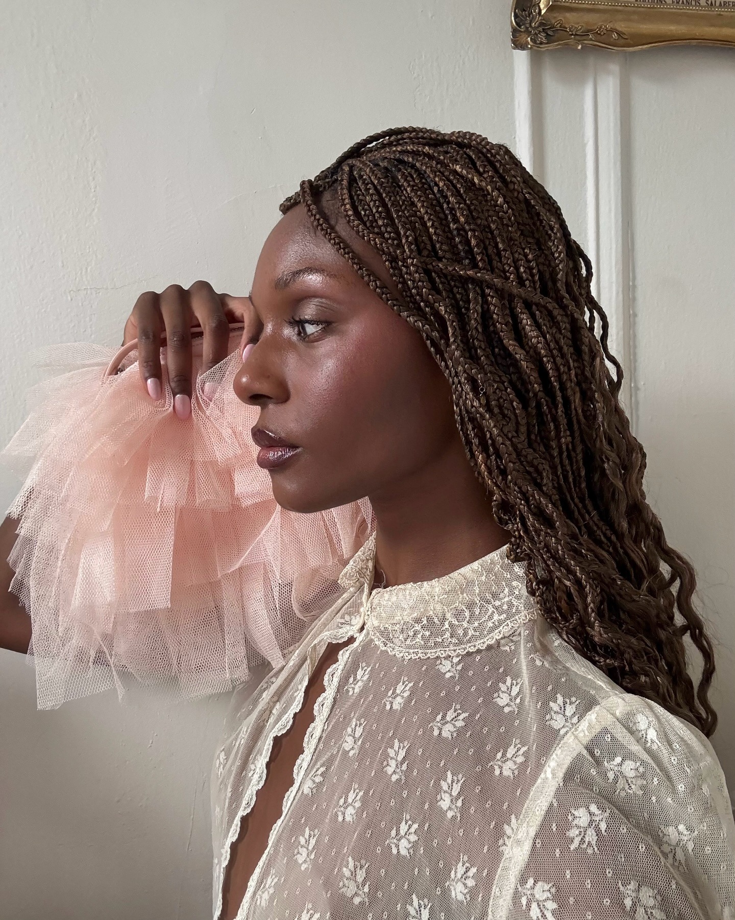 Fashion person Camri Hewie hold a tulle bag and sheer lace detailed top. She is looking away from the camera in a recent image from her Instagram.