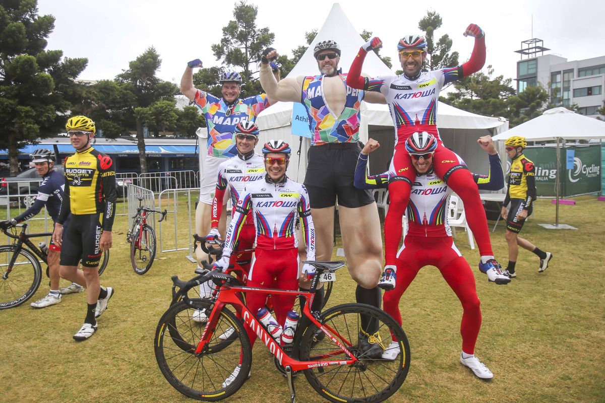 Katusha riders with some rather large fans