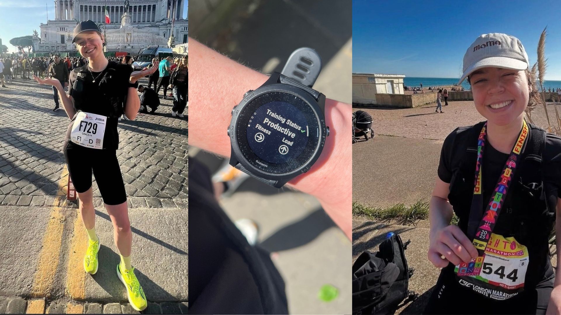 Grace Walsh wearing Garmin watches at start and finish lines for two marathons