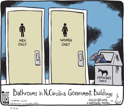 Political cartoon U.S. North Carolina bathroom bills Democrats