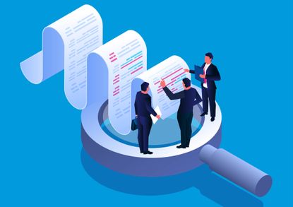 Bill analysis and test check, isometric three businessmen standing on a magnifying glass to discuss and analyze billing data - stock illustration