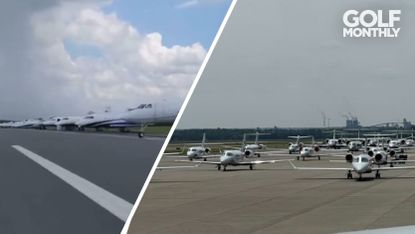 A fleet of private jets on the runway