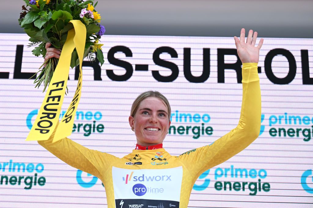 VILLARSSUROLLON SWITZERLAND JUNE 15 Demi Vollering of The Netherlands and Team SD WorxProtime celebrates at podium as Yellow Leader Jersey winner during the 4th Tour de Suisse Women 2024 Stage 1 a 586km stage from VillarssurOllon to VillarssurOllon 1249m UCIWWT on June 15 2024 in VillarssurOllon Switzerland Photo by Tim de WaeleGetty Images