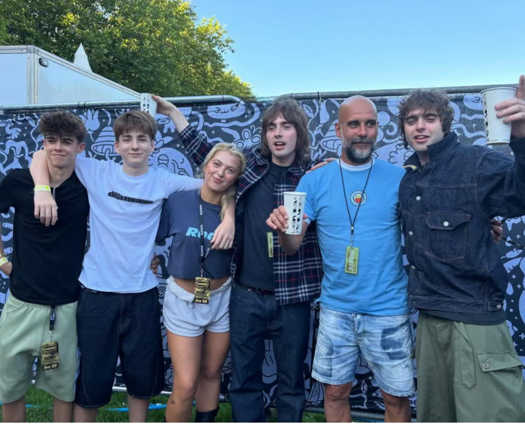Noel and Liam Gallagher's kids pose alongside Manchester City manager Pep Guardiola at Heaton Park
