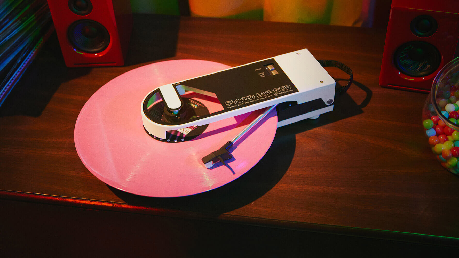 Audio-Technica Sound Burger with a pink record on the platter
