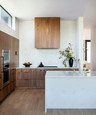 Modern kitchen with wood extractor and white walls