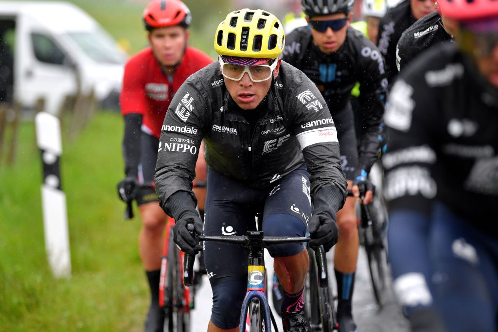 ESTAVAYER SWITZERLAND APRIL 30 Jonathan Klever Caicedo Cepeda of Ecuador and Team EF Education Nippo during the 74th Tour De Romandie 2021 Stage 3 a 1687km stage from Estavayer to Estavayer Rain TDR2021 TDRnonstop UCIworldtour on April 30 2021 in Estavayer Switzerland Photo by Luc ClaessenGetty Images