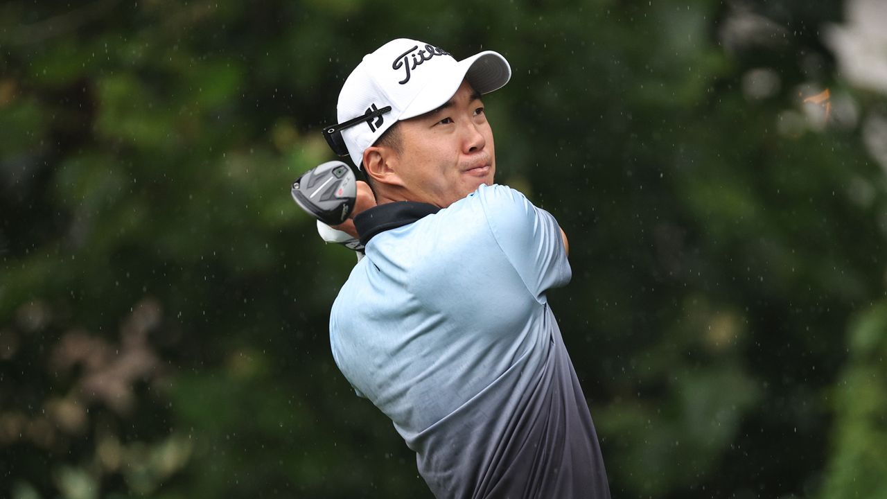 A close-up shot of Michael Kim swinging his driver at the St Jude Championship