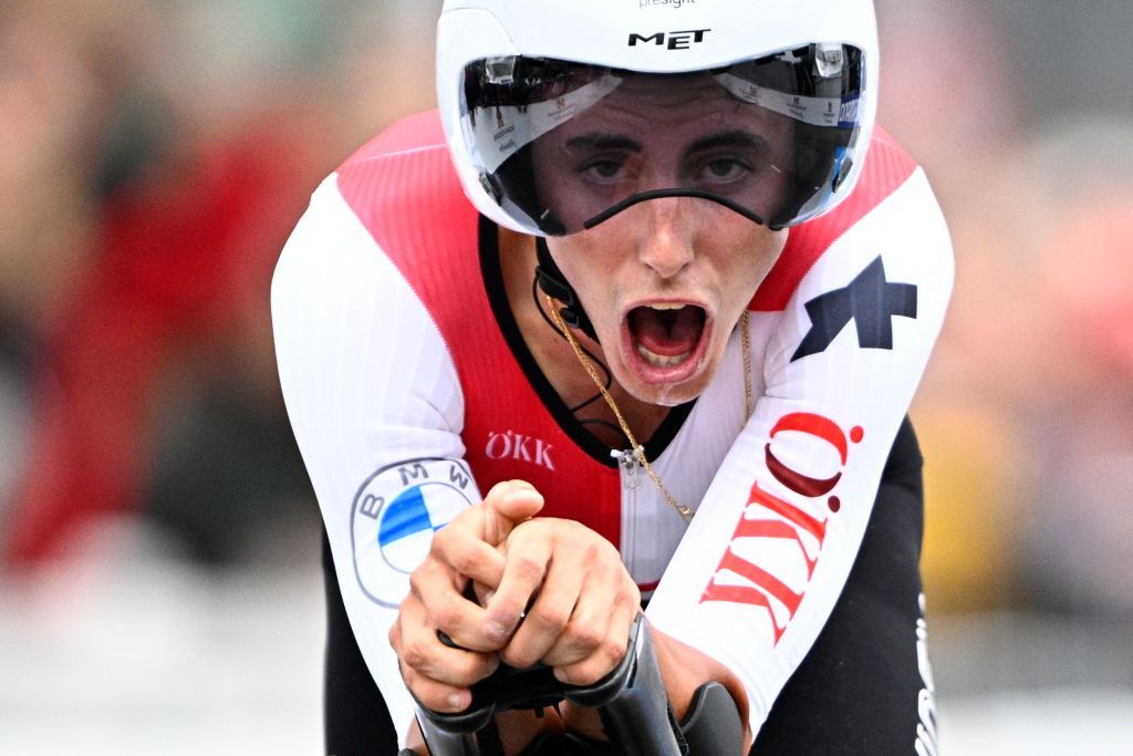 Swiss Jan Christen pictured in action during the U23 Men individual time trial race at the 2024 UCI Road and Para-Cycling Road World Championships, Monday 23 September 2024, in Zurich, Switzerland. The Worlds are taking place from 21 to 29 September. BELGA PHOTO JASPER JACOBS (Photo by JASPER JACOBS / BELGA MAG / Belga via AFP)