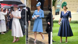 Composite of Zara Tindall wearing court shoe heels at a garden party, at the coronation and at Ascot