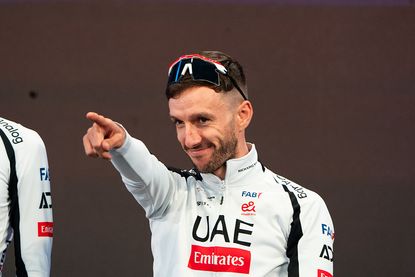 Adam Yates of UAE Team Emirates - XRG Pro Cycling team, along with professional cyclists Igor Arrieta, Mikkel Bjerg, Jan Christen, Jhonatan Narvaez, Marc Soler, Antonio Morgado, and Jay Vine, are seen during the team presentation of the 109th Giro d'Italia in Burgas, Bulgaria, on May 6, 2026. (Photo by Hristo Rusev/NurPhoto via Getty Images)