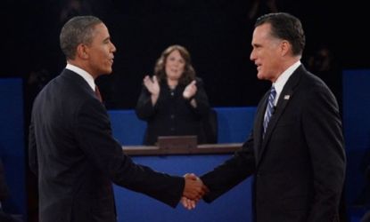 President Obama and Mitt Romney shake hands at the second presidential debate.