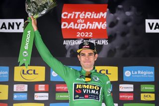 VAUJANY FRANCE JUNE 11 Wout Van Aert of Belgium and Team Jumbo Visma celebrates at podium as Green Points Jersey winner during the 74th Criterium du Dauphine 2022 Stage 7 a 1348km stage from SaintChaffrey to Vaujany 1230m WorldTour Dauphin on June 11 2022 in Vaujany France Photo by Dario BelingheriGetty Images
