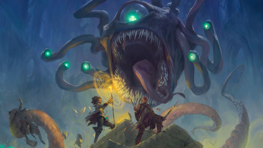 A beholder opens its mouth wide to grab two characters on ruined steps