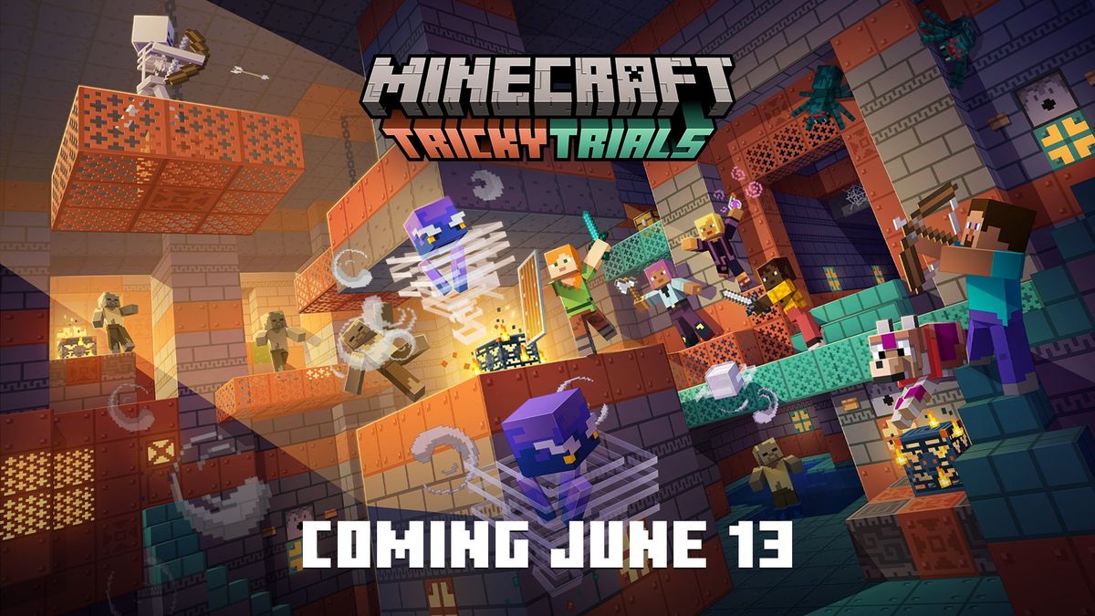 Image of the Minecraft 1.21 &#039;Tricky Trials&#039; update release date announcement.