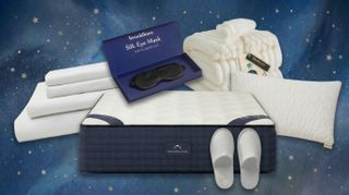 A collage of sleep products against a blue background with stars, clockwise: A SiJo sheet set, a Brooklinen Sleep Mask in its box, a BedSure blanket, a Coop Sleep Goods pillow, Marriott Slippers, a DreamCloud Classic Mattress