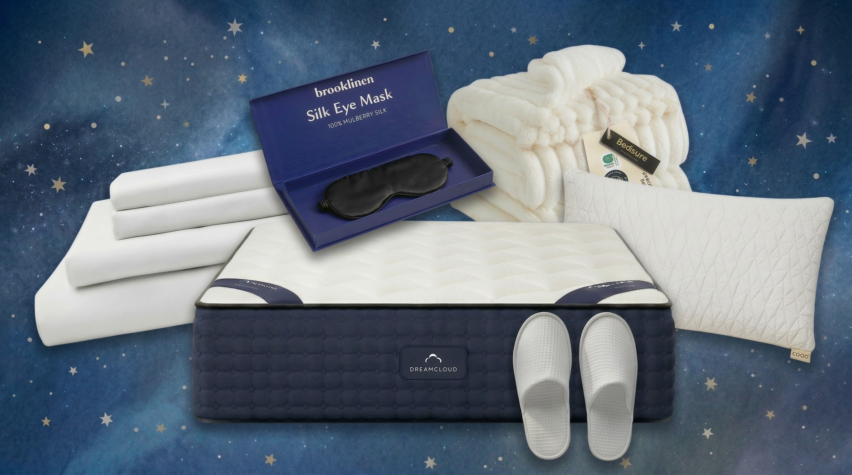 A collage of sleep products against a blue background with stars, clockwise: A SiJo sheet set, a Brooklinen Sleep Mask in its box, a BedSure blanket, a Coop Sleep Goods pillow, Marriott Slippers, a DreamCloud Classic Mattress