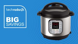 The Instant Pot 7-in-1 cooker on a blue background next to a sign saying Big Savings