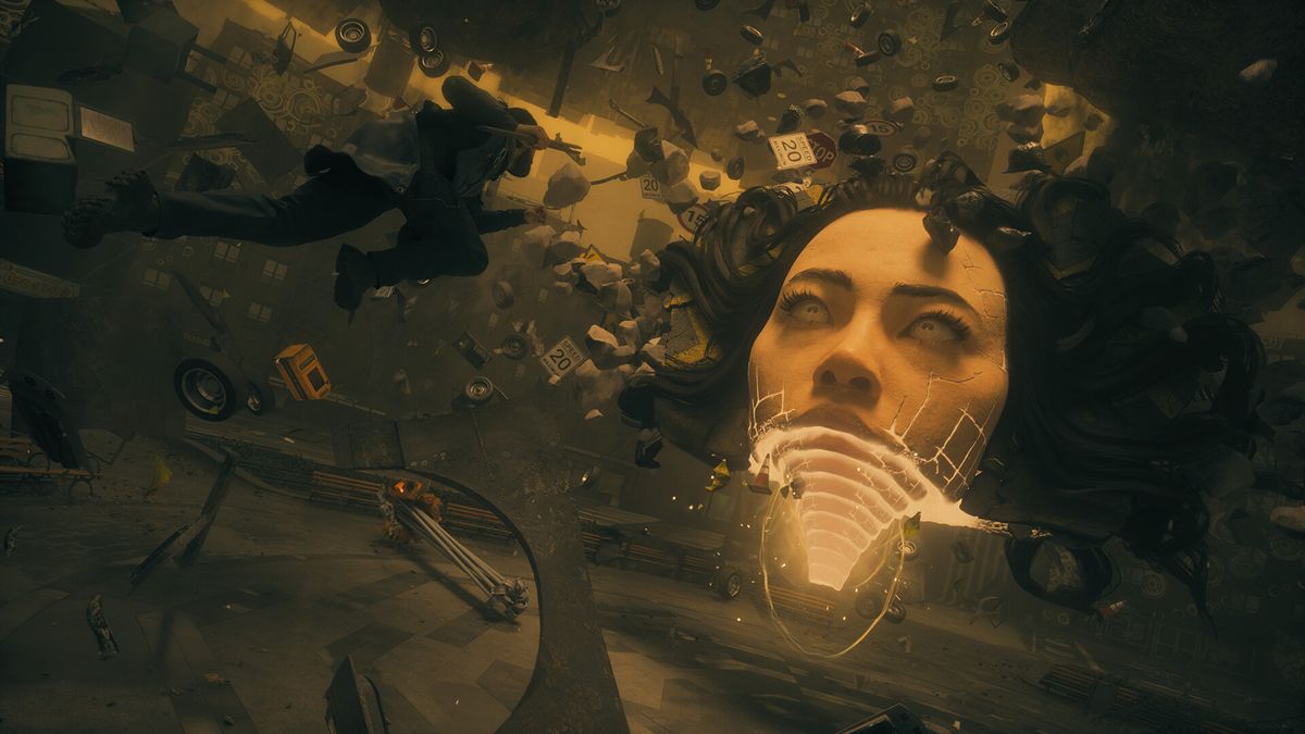 Dylan jumping towards a giant face during the trailer for Control Resonant.