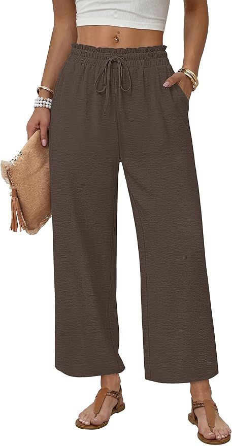 WIHOLL, Wiholl Wide Leg Linen Pants Woman Palazzo Trousers for Women With Pockets Flowy Summer Beach Vacation Outfits Spring Cruise Travel Fashion Clothing Dressy Casual Lounge Resort Wear Brown Xs