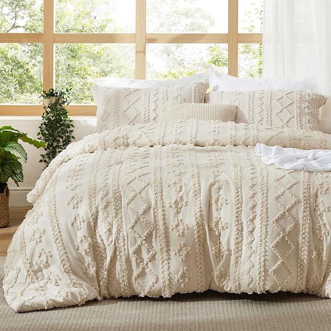 Bedsure, Bedsure Tufted Boho Comforter Set King Size - Beige Boho Bed Set, Gentlesoft™ 3 Pieces Farmhouse Shabby Chic Embroidery Bedding, Gifts for Woman, Soft Jacquard King Comforter for All Seasons