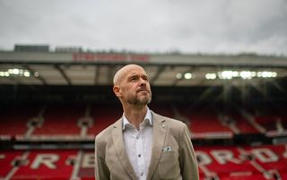 Manchester United manager Erik ten Hag at Old Trafford, looking upwards