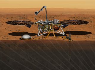 An Artist's illustration of NASA's InSight Mars Lander on the Martian surface. The mission, slated to launch in March 2016, will not be ready due to instrument leaks, NASA says.