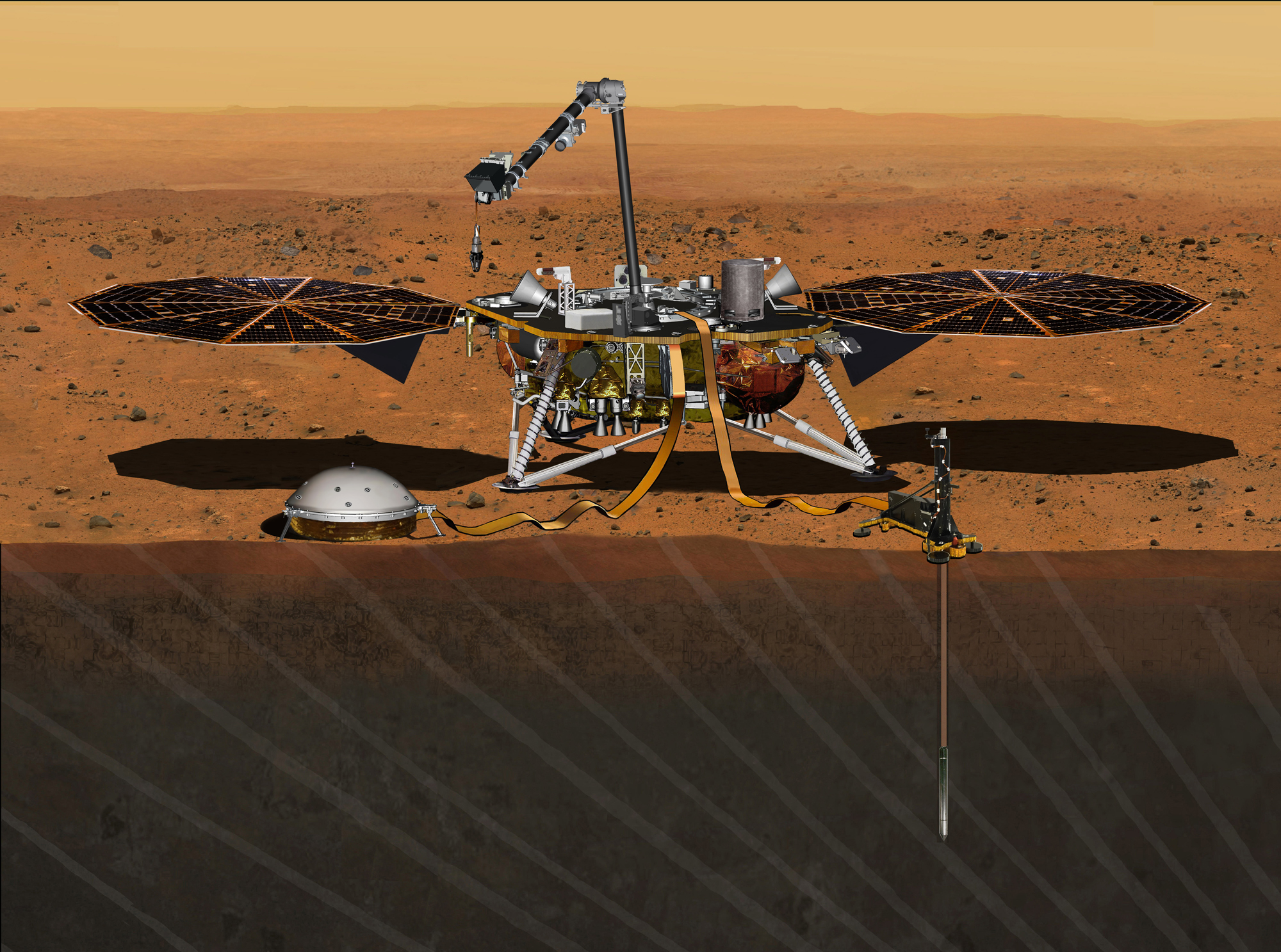 An Artist&#039;s illustration of NASA&#039;s InSight Mars Lander on the Martian surface. The mission, slated to launch in March 2016, will not be ready due to instrument leaks, NASA says.