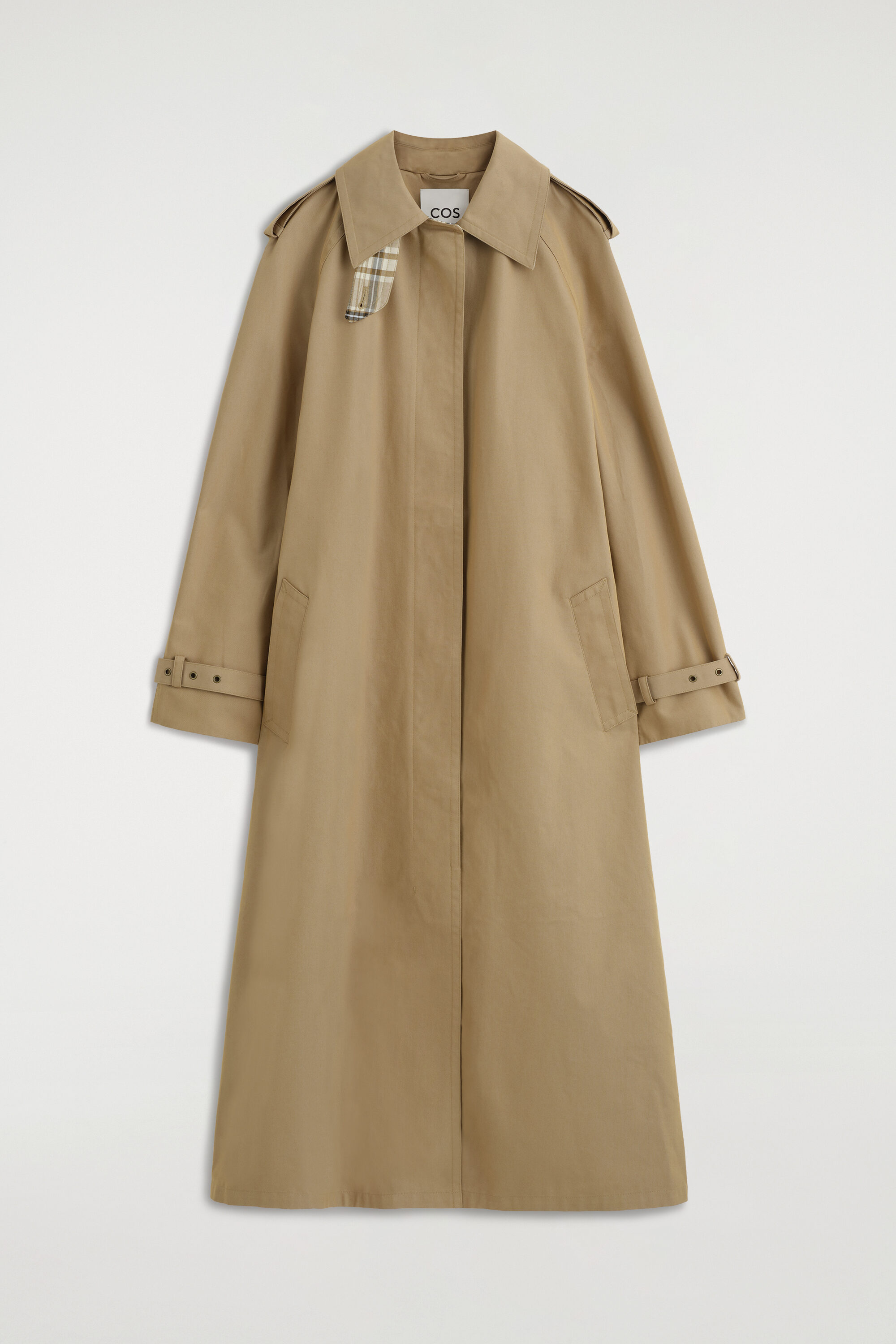 Check-Detail Belted Cotton Trench Coat