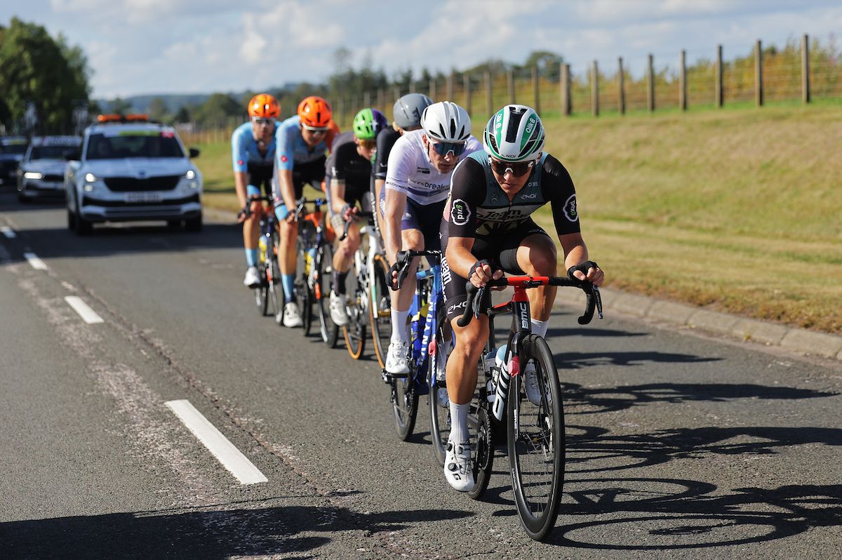 Picture by Alex WhiteheadSWpixcom 05092022 Cycling 2022 AJ Bell Tour of Britain Stage 2 Hawick to Duns Scotland Travis Stedman of Team Qhubeka with Matt Teggart of Team WIV Sungod in the breakaway