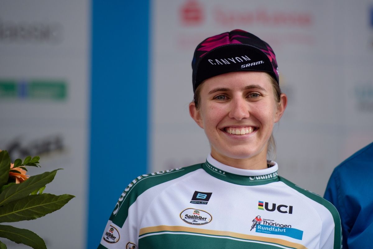 Alexis Ryan (CANYON//SRAM Racing) is awarded the most combatitive award at Th&uuml;ringen Rundfarht 2016 - Stage 3
