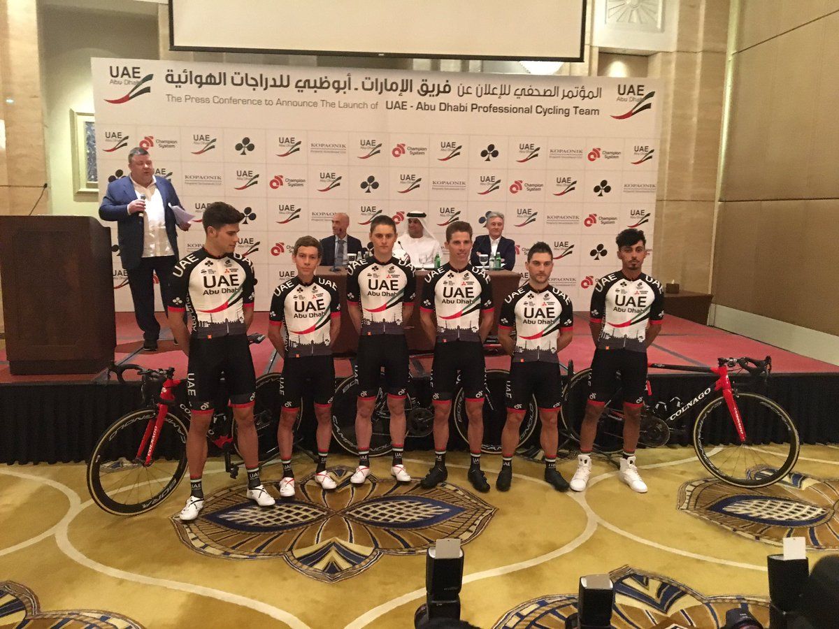 The riders show off the new UAE jersey