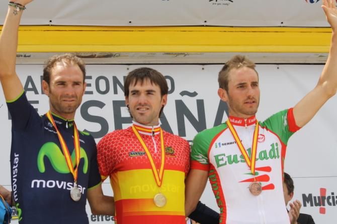 Final podium. l-to-r: Alejandro Valverde (Movistar - silver), Ion Izagirre (Movistar - gold), Carlos Barbero (Euskadi - bronze)
