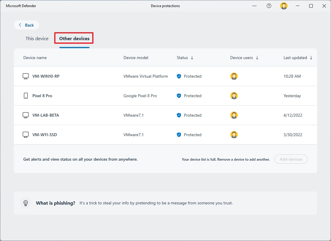 Defender app other devices overview